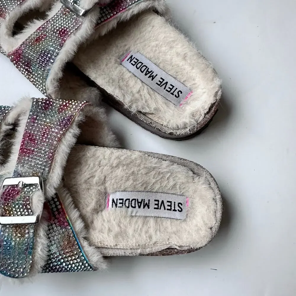 Steve Madden Rhinestone Faux Fur Cozy Sandals Size 8.5
